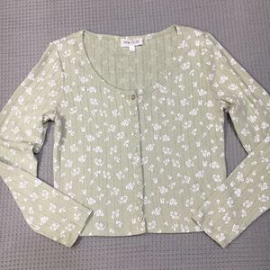 Pink Rose Women’s Y2K Button Henley Top L Sage Ditsy Floral Pointelle Knit Boho